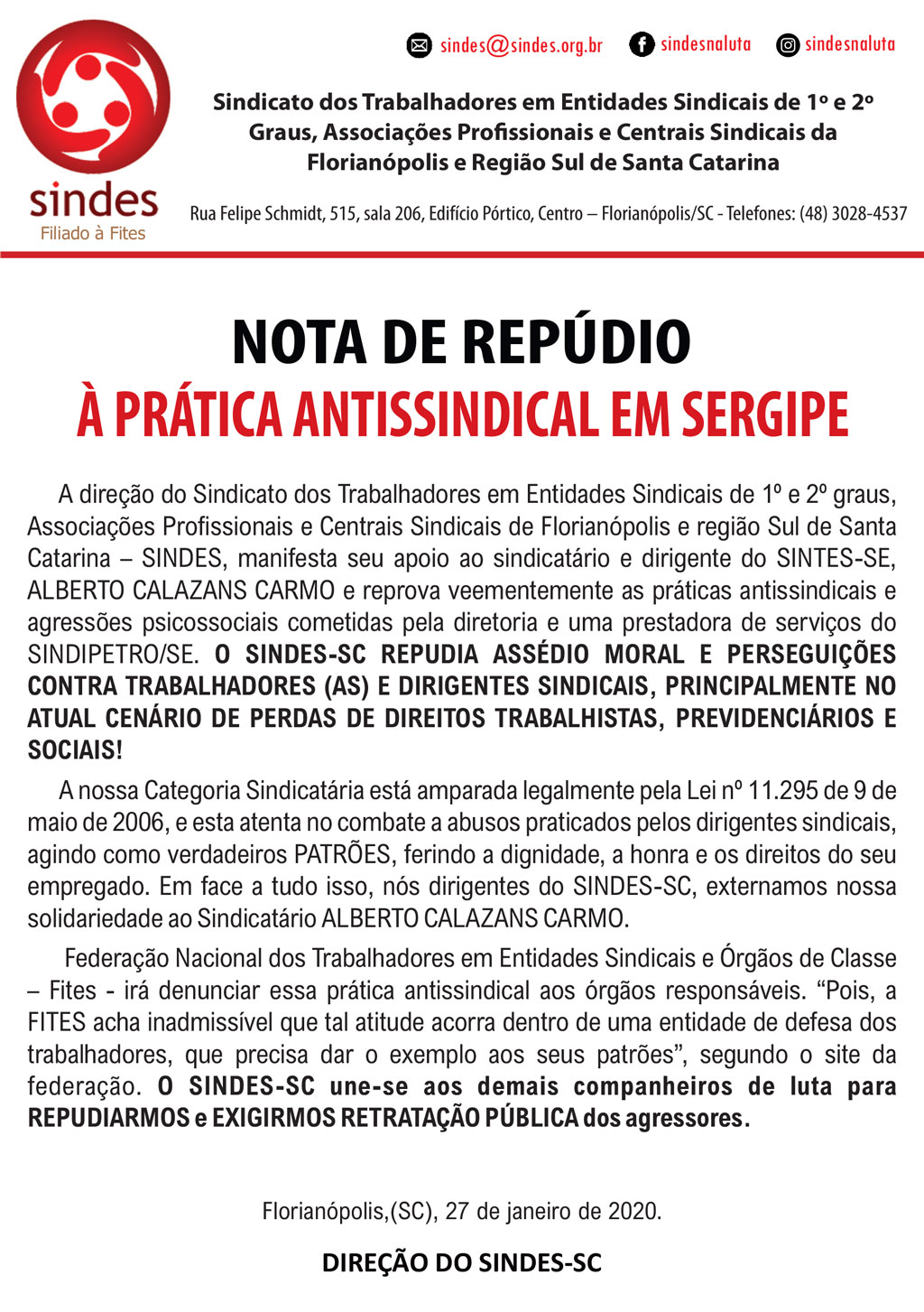 nota de repudio sindes sc